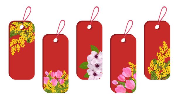 Set red stickers and labels with spring flowers. Blossoms tulip, mimosa and sakura or cherry. Vector illustration. - Vector, Image