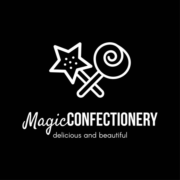 magische Süßwarengeschäft Vektor-Logo-Design. Süßwarenbar, Café-Zeichen-Konzept. Zauberstab, Lutscher Cliparts - Vektor, Bild