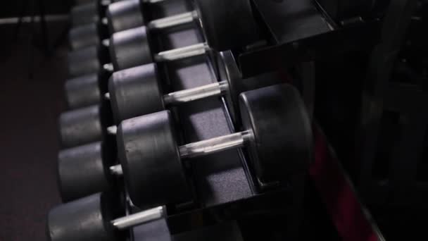 Conjunto, um rack de halteres de diferentes tamanhos para treinamento, close-up
 - Filmagem, Vídeo