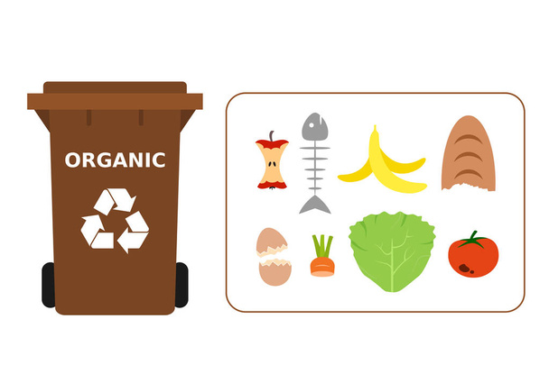 Bruin prullenbak kan met organisch afval geschikt voor hergebruik. Recycling organische afval, compost, segregate afval sorteren van vuilnis, eco vriendelijke, concept. Witte achtergrond. Vectorillustratie, vlakke stijl. - Vector, afbeelding