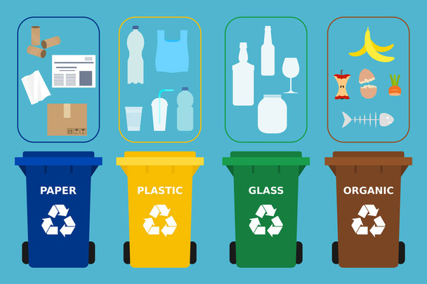 Cubos de reciclaje de diferentes colores. Diferentes residuos aptos para reciclar. Papel, plástico, vidrio y basura orgánica. Segregar residuos, clasificación de basura, gestión de residuos.Fondo azul.Vector Estilo plano
 - Vector, Imagen
