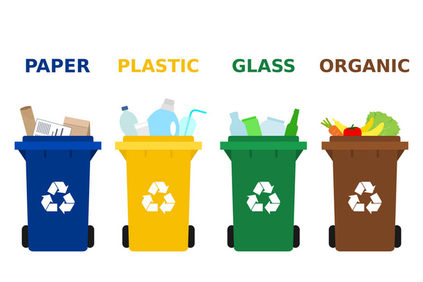 Different colored trash cans with paper, plastic, glass and organic waste suitable for recycling. Segregate waste, sorting garbage, waste management. White background. Vector illustration, flat style. - Vector, Image