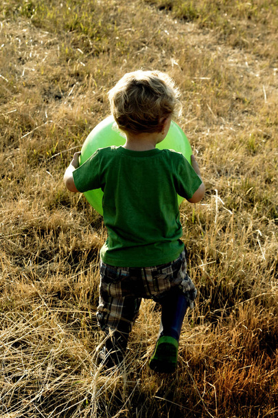 Blonde toddler boy playing outside in the field - Фото, зображення