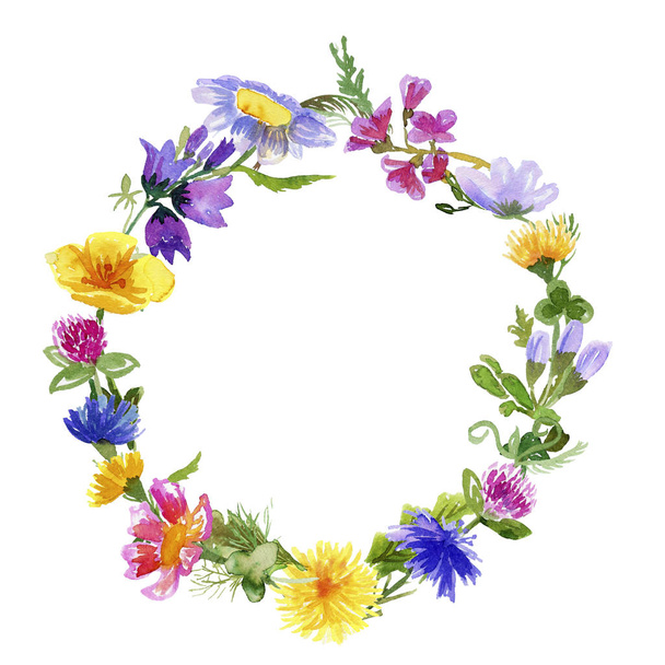 Wreath with watercolor wild flowers on white - Φωτογραφία, εικόνα
