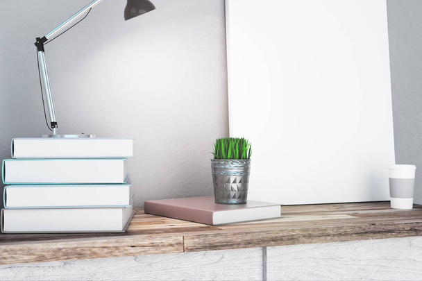 Close up of empty banner on table with book stack, lamp, decorative plant and coffee cup. Design concept. Mock up, 3D Rendering  - Fotoğraf, Görsel