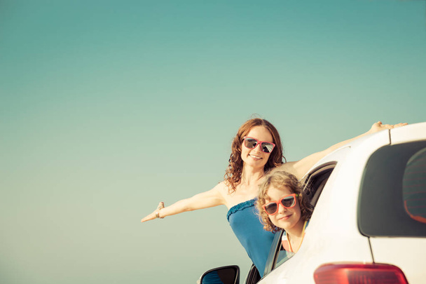 Happy family travel by car. People having fun on the beach. Summer vacation concept - Photo, Image