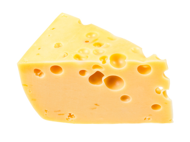 pedazo de queso suizo amarillo semiduro de leche de vaca con agujeros internos aislados sobre fondo blanco
 - Foto, Imagen