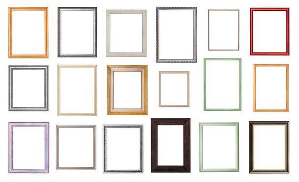 conjunto de varios marcos de madera vacíos con lienzo cortado aislado sobre fondo blanco
 - Foto, imagen