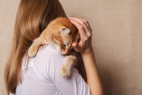 Happy ginger tabby cat on the woman's shoulder. Beautiful striped red cat on the shoulder blonde, beige background. - Valokuva, kuva