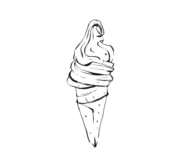 Χέρι ζωγραφικό διάνυσμα αφηρημένο καλλιτεχνική μαγειρική μελάνι σκίτσο εικόνα σχέδιο της βάφλα παγωτό κώνο που απομονώνεται σε λευκό φόντο. Παιδική ιδέα μενού - Διάνυσμα, εικόνα