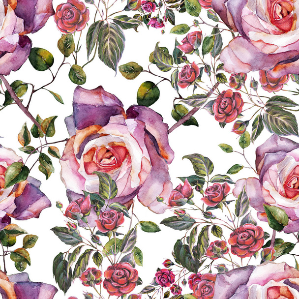 Seamless pattern bouquet roses. Big watercolor rose and small color pencil roses on white background. - Fotografie, Obrázek