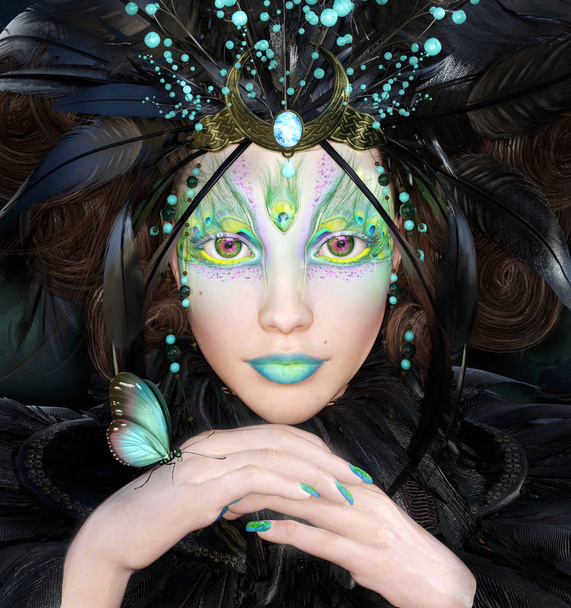 Fantasieporträt einer Frau mit Pfauenschminke, Federn und Schmetterling - 3D-Illustration - Foto, Bild
