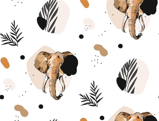 Hand drawn vector abstract creative graphic artistic illustrations seamless collage pattern with sketch elephant drawing and tropical palm leaves in tribal mottif isolated on white background - Vector, Image