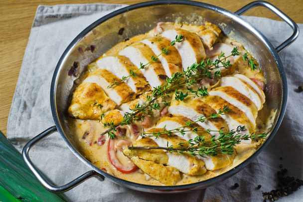 Frying pan with baked and sliced chicken Breasts. Background kitchen, side view - Photo, Image