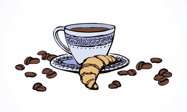 Старый классический кофеварка, свежий горячий черный сладкий бразильский какао на белый стол. Вручную нарисовал вкусный чай посуды символ меню. Арабский кофе столовые приборы посуда эскиз в стиле арт-карикатуры на пространство для текста
 - Вектор,изображение