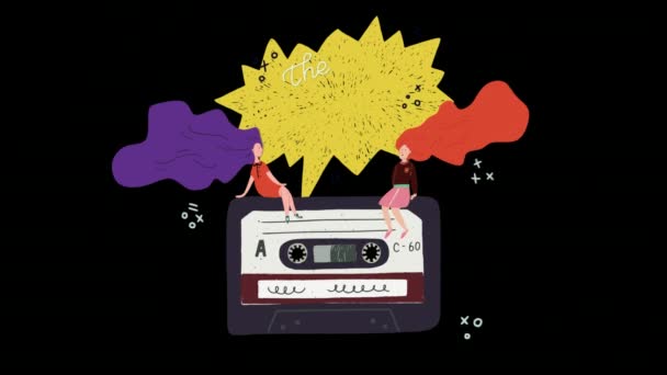 Motion graphic retro cassette spinning with two streaming long hear girls and animated lettering text The perfect mix on a speech bubble. Old school cartoon style video on transparent background - Footage, Video