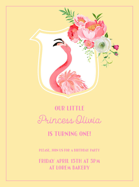 Baby Birthday Invitation Card with Illustration of Beautiful Flamingo and Flowers, arrival announcement, greetings in vector - Vektori, kuva