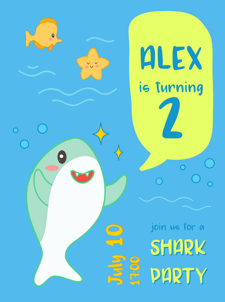Baby Shower Birthday Invitation Card Kawaii Style with Cute Shark and Marine Creatures. Kids Banner, Flyer Background with Funny Sharks. Vector illustration - Vektori, kuva