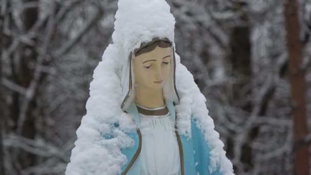 Snowy blessed Virgin Mary primitive sculpture in old cemetery - Footage, Video