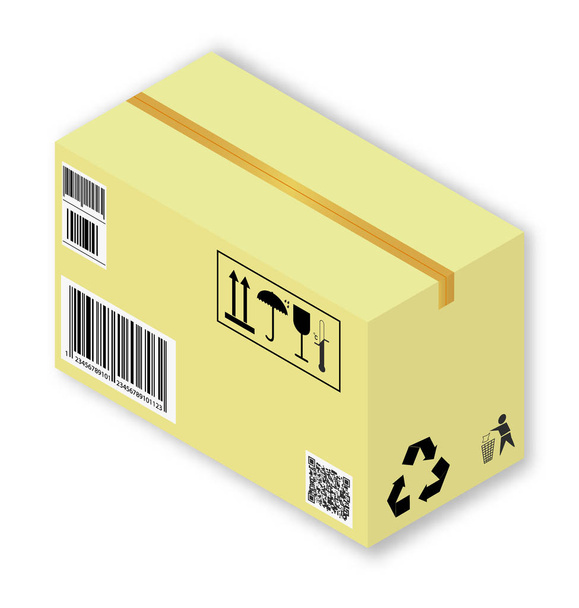 Isometric vector illustration of cardboard box with markings and shadows, on white background - Vector, Image