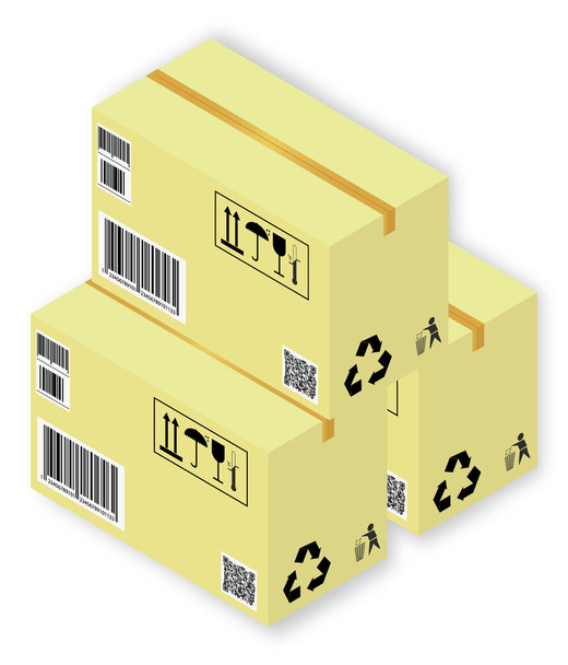 Isometric vector illustration set of cardboards the boxes with markings and shadows, on white background - Vector, Image