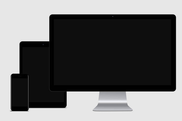 Joukko tyhjiä näyttöjä valkoista taustaa vasten. Monitori tietokoneen, kosketuslevy ja älypuhelin musta mockup näytöt tietosi
 - Valokuva, kuva