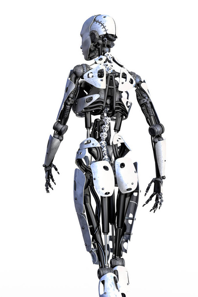 Female Robot walking away from the camera. Isolated on a white background. One of a series. - Foto, imagen
