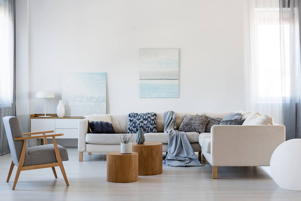 Elegant living room interior with corner sofa and retro armchair - Foto, Imagem