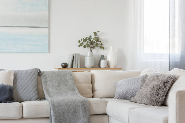 Pillows and blanket on comfortable beige corner sofa in classy living room - Φωτογραφία, εικόνα