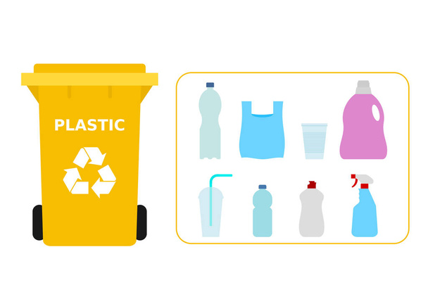 Bote de basura amarillo con residuos de plástico adecuado para el reciclaje. Reciclar plástico, segregar residuos, clasificación de basura, respetuoso del medio ambiente, concepto. Fondo blanco. Ilustración vectorial, estilo plano
. - Vector, imagen