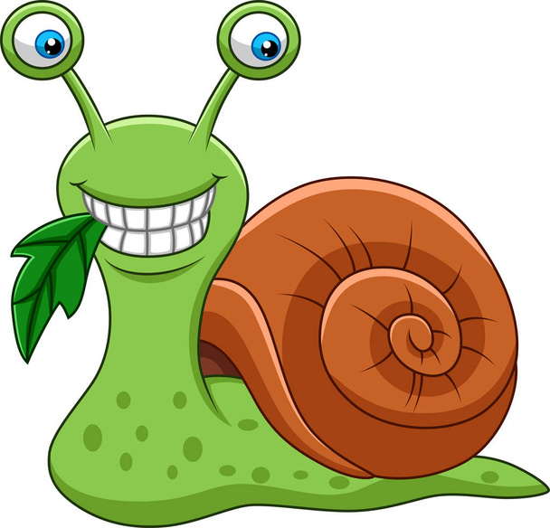 Vector illustration of Cartoon funny snail eating a leaf - Vector, Image