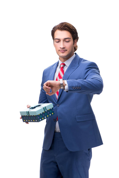 Elegant businessman with giftbox isolated on white  - Foto, imagen