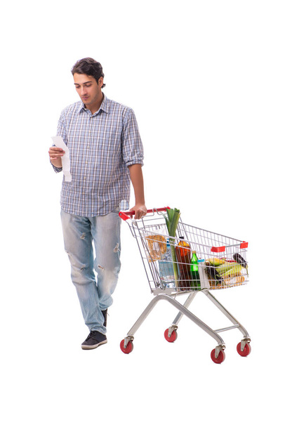 Młody człowiek z supermarketu cart wózek na białym - Zdjęcie, obraz