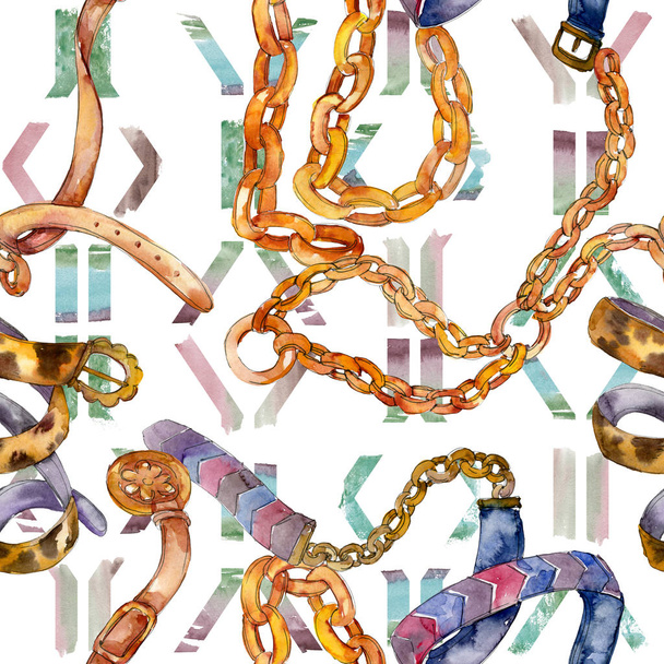 Golden chain belt sketch fashion glamour illustration in a watercolor style background. Seamless background pattern. - Fotoğraf, Görsel