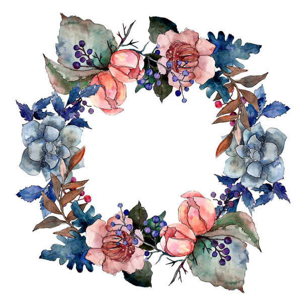 Peony and succulent bouquet floral flower. Watercolor background illustration set. Frame border ornament square. - Φωτογραφία, εικόνα