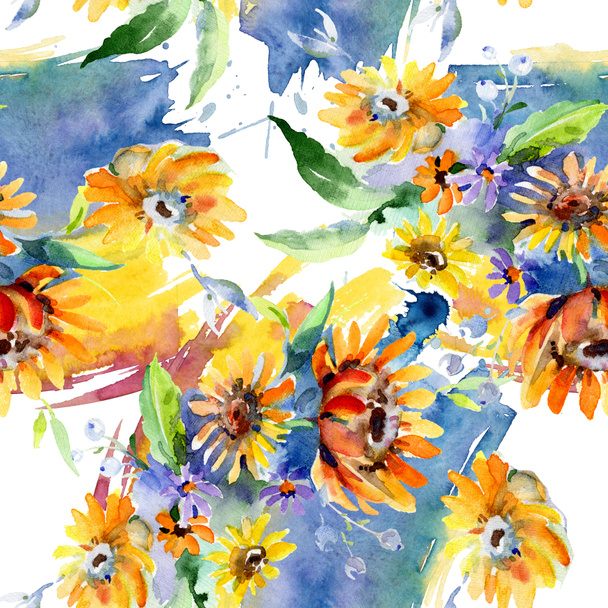 Bouquets floral botanical flower. Watercolor illustration set. Seamless background pattern. - Zdjęcie, obraz