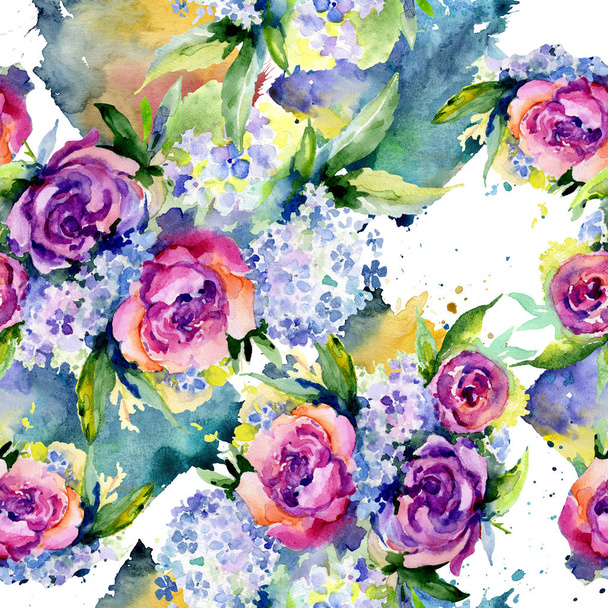 Bouquets floral botanical flower. Watercolor illustration set. Seamless background pattern. - Foto, Imagen