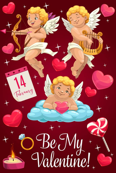 Hearts, Cupids, love arrows, ring. Be my Valentine - Vector, Image