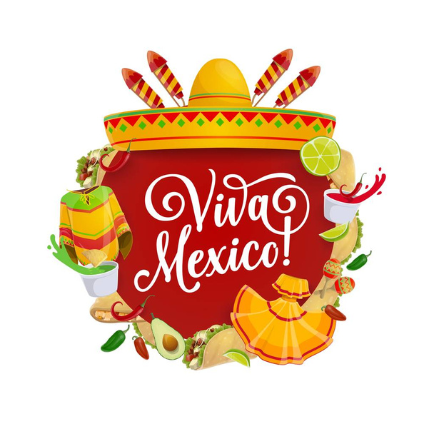 メキシコのソンブレロ、シンコ ・ デ ・ マヨのマラカスと食品 - ベクター画像
