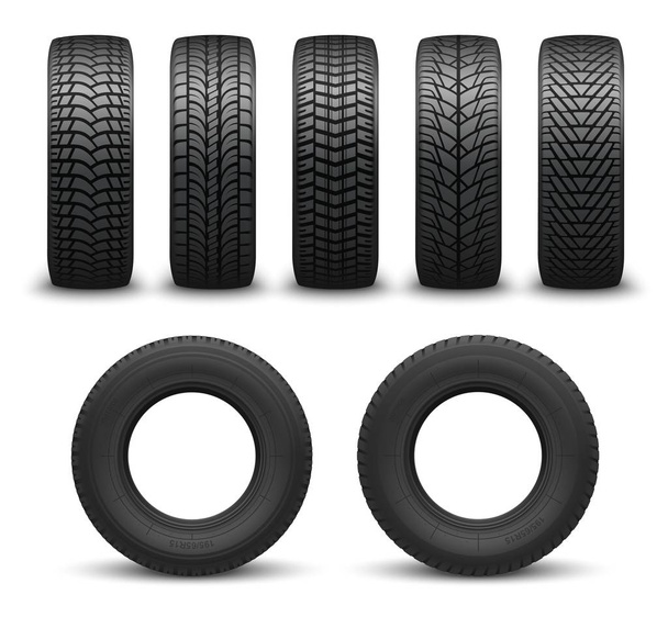 Neumáticos de rueda de coche o neumáticos 3d vector. Piezas de repuesto
 - Vector, Imagen