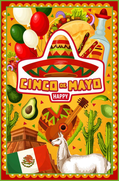 Cinco de Mayo mexikói sombrero és kaktusz tequila - Vektor, kép