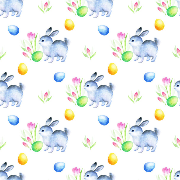 Easter seamless pattern with hand drawn cute bunnies, flowers and colored eggs. Watercolor background. - Foto, imagen