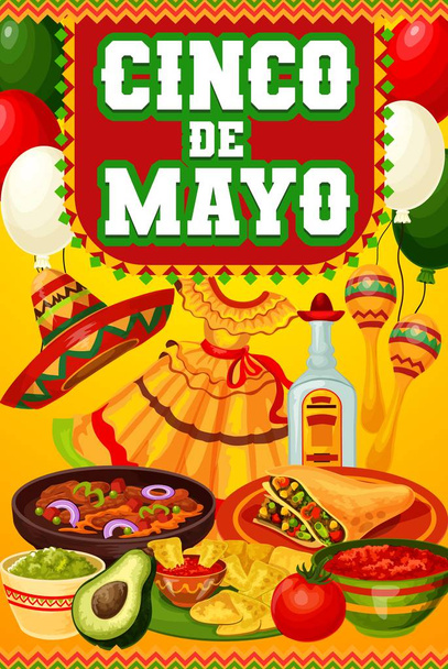 Cinco de Mayo Mexikói ételek, sombrero, maracas - Vektor, kép