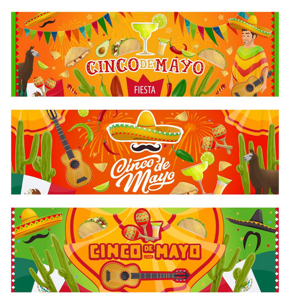 Cinco de Mayo Mexican sombrero, gitár, kaktusz - Vektor, kép