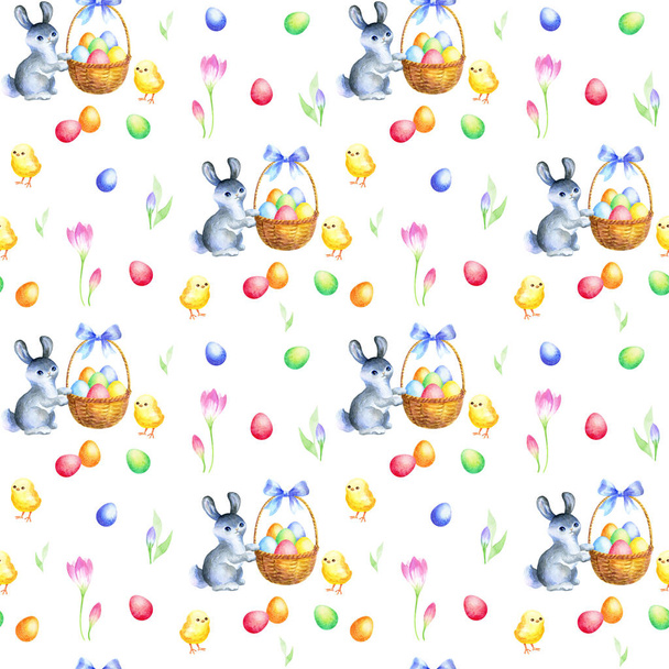 Easter seamless pattern with hand drawn cute bunnies, chickens, flowers and colored eggs. Watercolor background. - Φωτογραφία, εικόνα