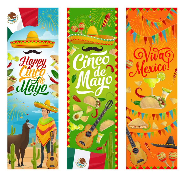 Mexican holiday Cinco de Mayo sombrero and guitar - Vector, Image