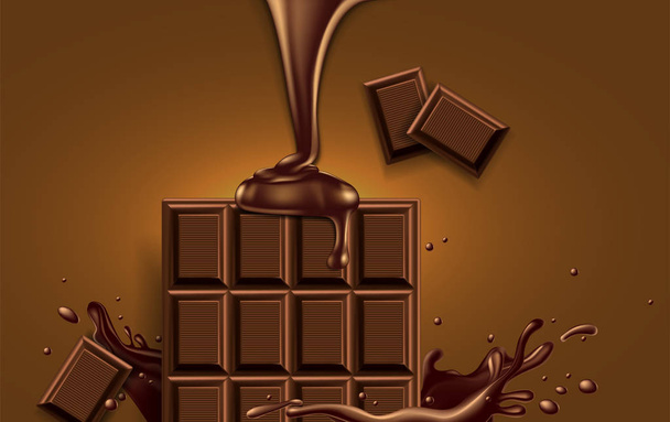 Half of chocolate in a chocolate splash, pieces of chocolate and liquid chocolate pouring over on a brown background. - Vecteur, image