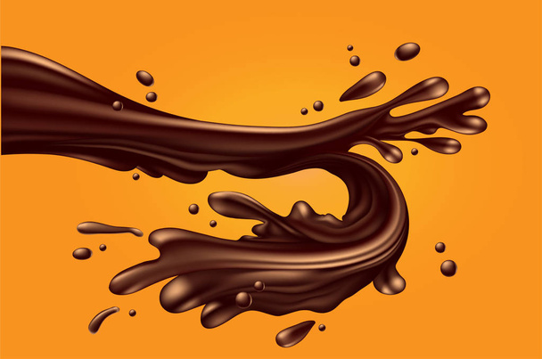 Dynamic background. A jet of liquid glossy chocolate with splashes and drops on a yellow background. - Вектор,изображение