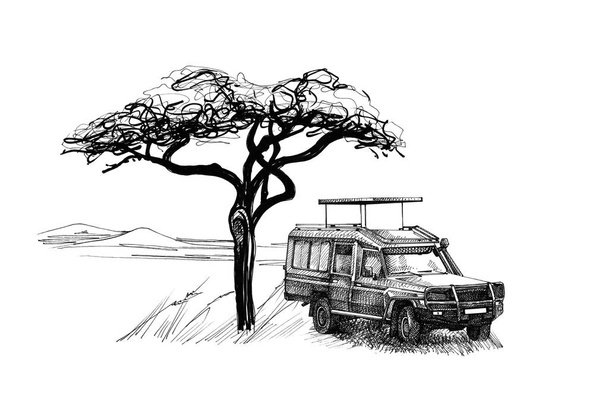 Wildsafari in de buurt van een boom in Afrika. De hand getekende illustratie. Collectie van hand getrokken illustraties (originelen, geen tracering) - Foto, afbeelding