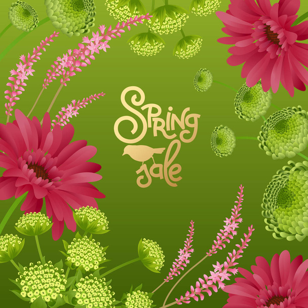 Αφίσα με floral καρέ του λουλουδιών άνοιξη. Asters, ζέρμπερες, πεδίο βότανα. Εκτύπωση φύλλο χρυσού επιγραφή «Πώληση άνοιξη» και η σιλουέτα πουλιών σε πράσινο φόντο. Εικονογράφηση διάνυσμα. Χέρι σχεδίασης. Παλιάς χρονολογίας - Διάνυσμα, εικόνα